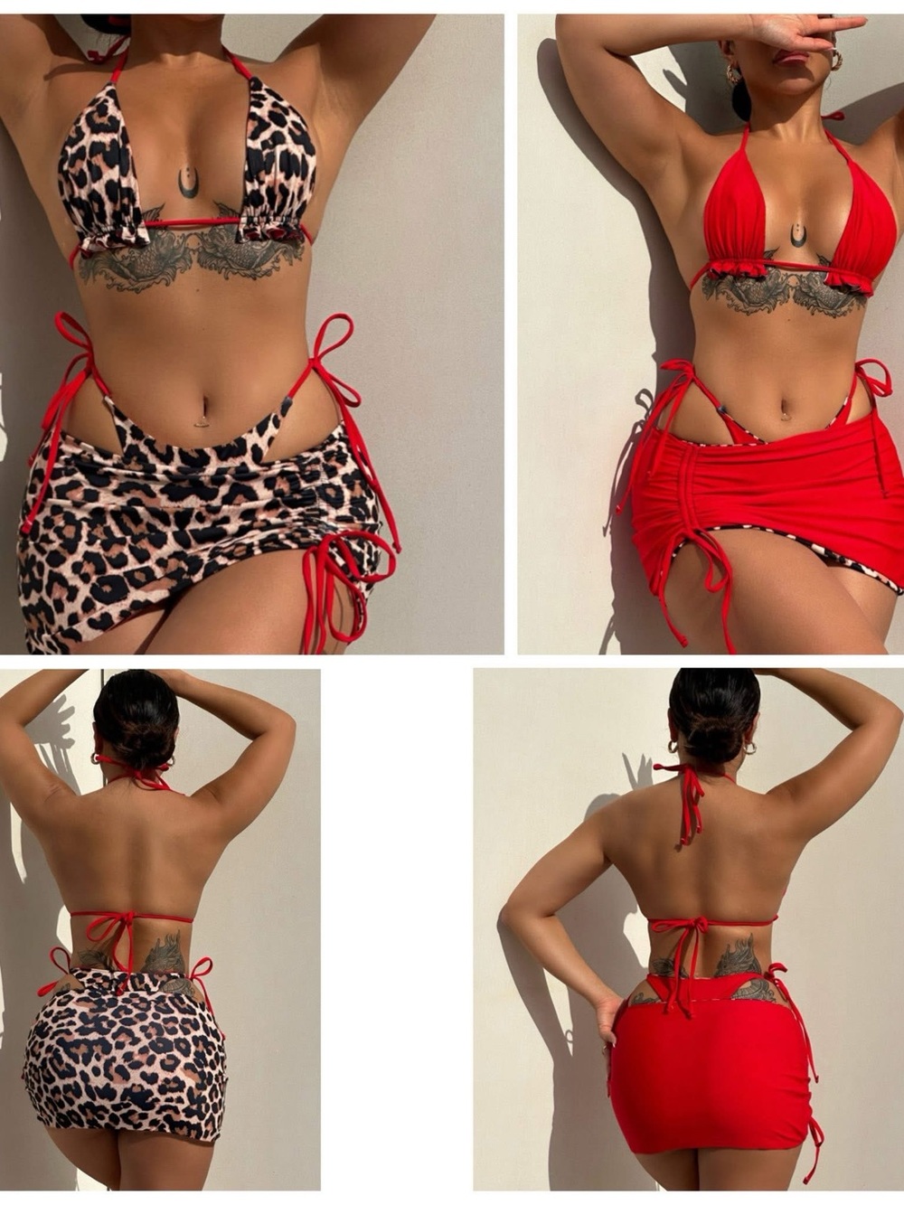 Reversible Red & Leopard Tie Bikini Set with Side-Ruched Skirt